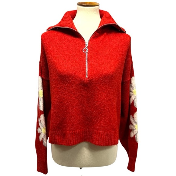 TOPSHOP Red Daisy Quarter Zip Collared Crop Cozy Knit Sweater Womens 10 - Picture 7 of 15